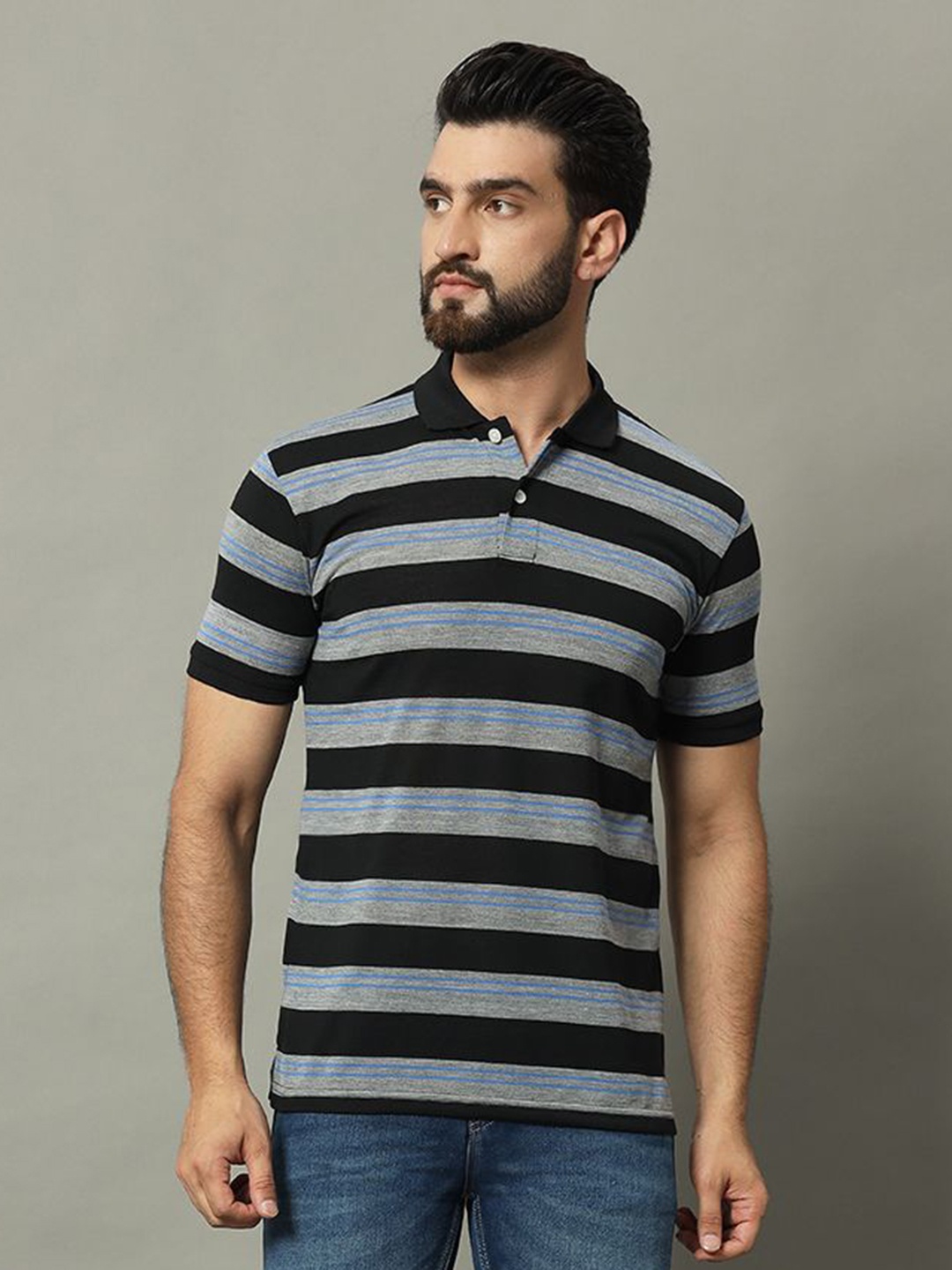 

GET GOLF Men Striped Polo Collar Cotton T-shirt, Black