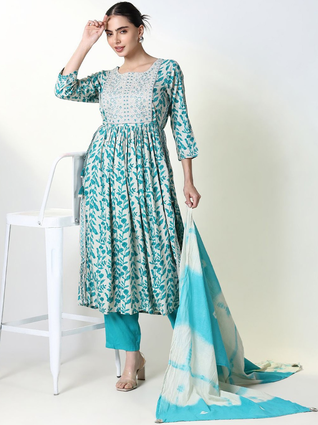 

SHOWOFF Women Floral Printed Pleated Thread Work Kurta with Trousers & With Dupatta, Blue