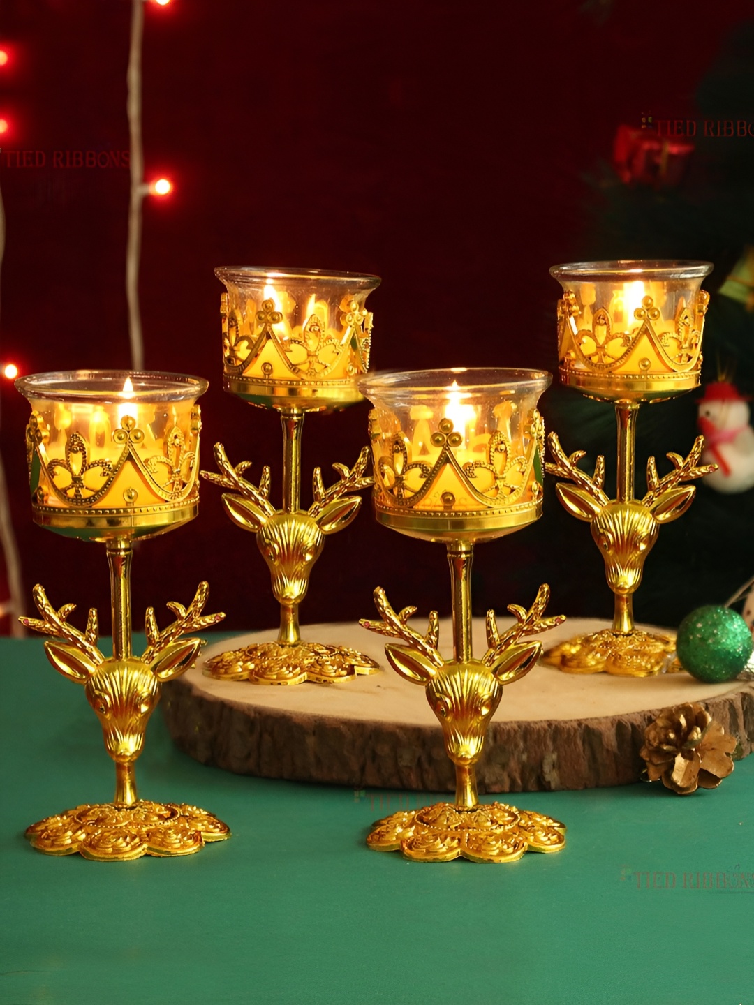 

TIED RIBBONS Gold-Toned Set of 4 Christmas Candle Holder