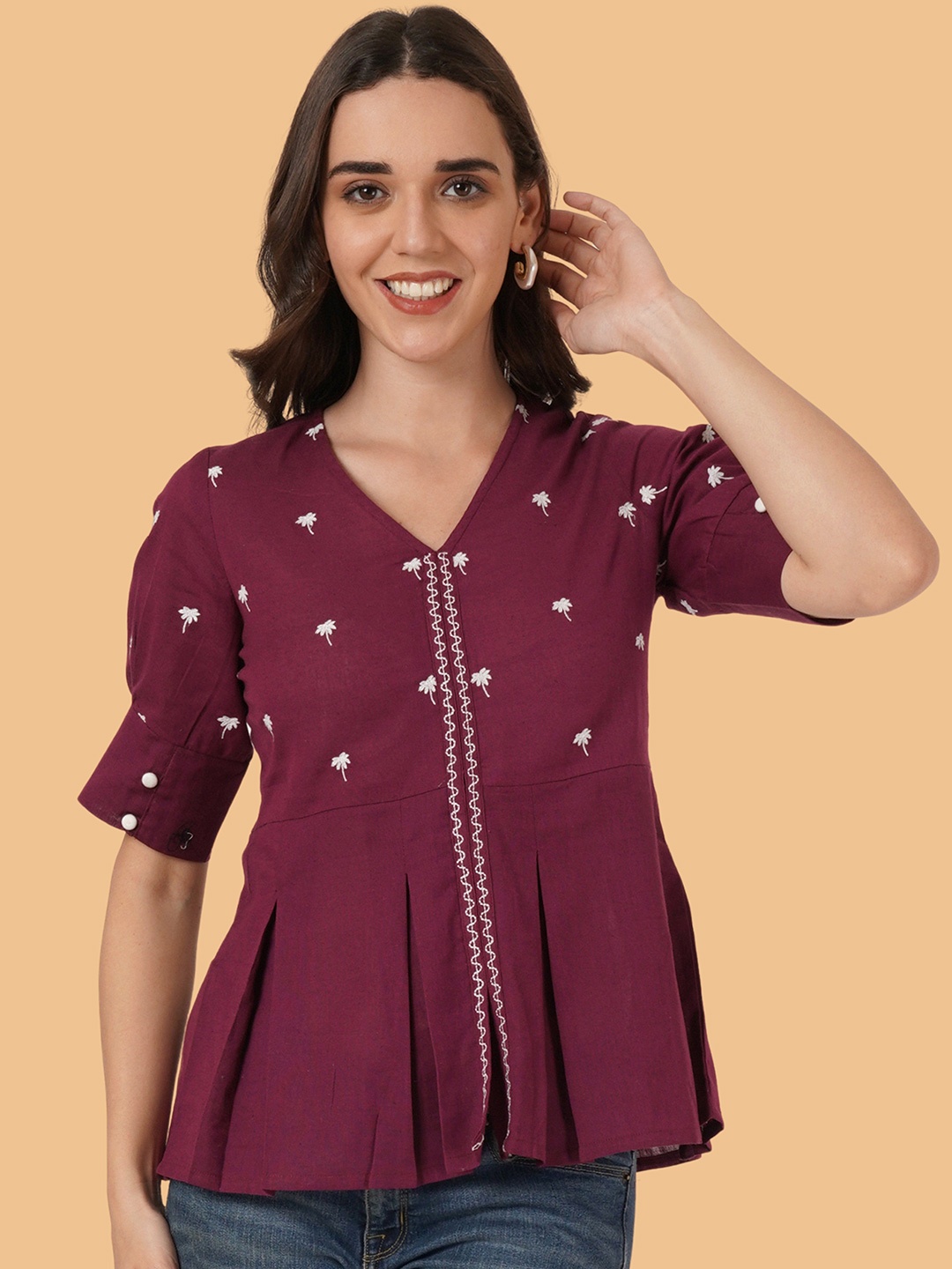 

Brownverse Embellished Embroidered Cotton Top, Maroon