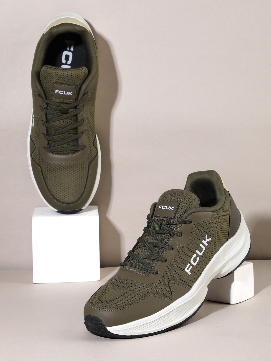 

FCUK Men Contrast Sole Sneakers, Olive