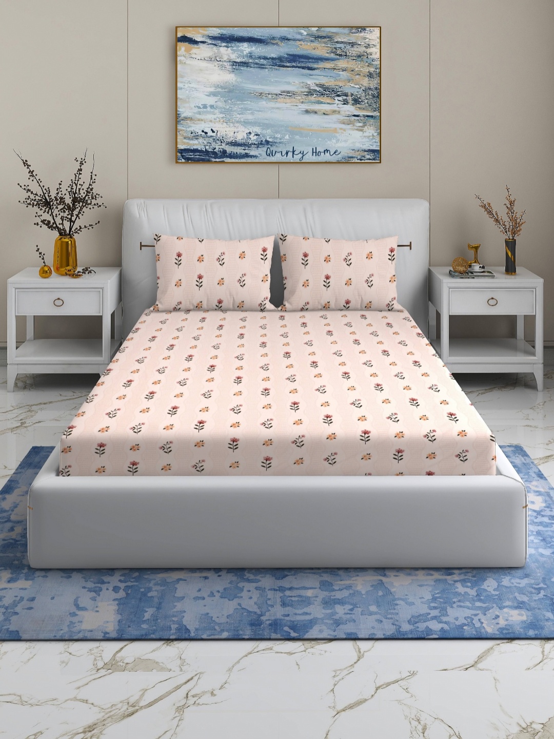 

Quirky Home Beige & Red Floral 180 TC Queen Bedsheet with 2 Pillow Covers