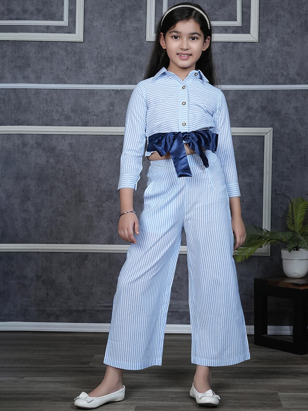 

BAESD Girls Shirt Collar Striped Pure Cotton Shirt & Palazzo, Blue