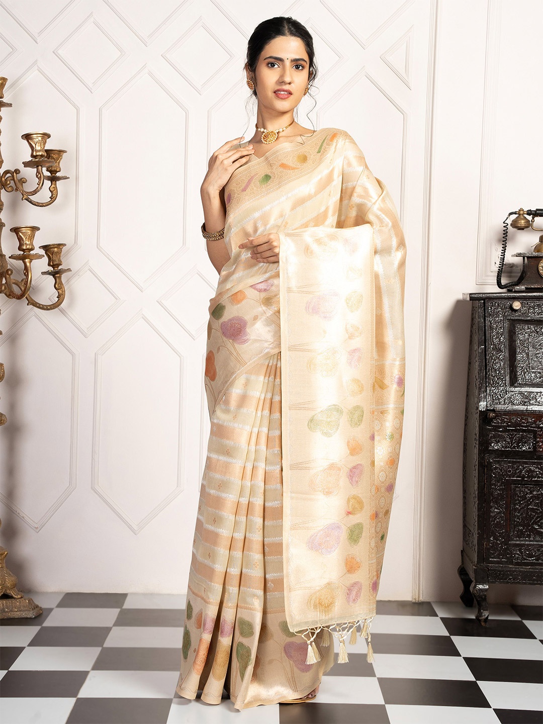 

MIMOSA Striped Zari Art Silk Banarasi Saree, Beige