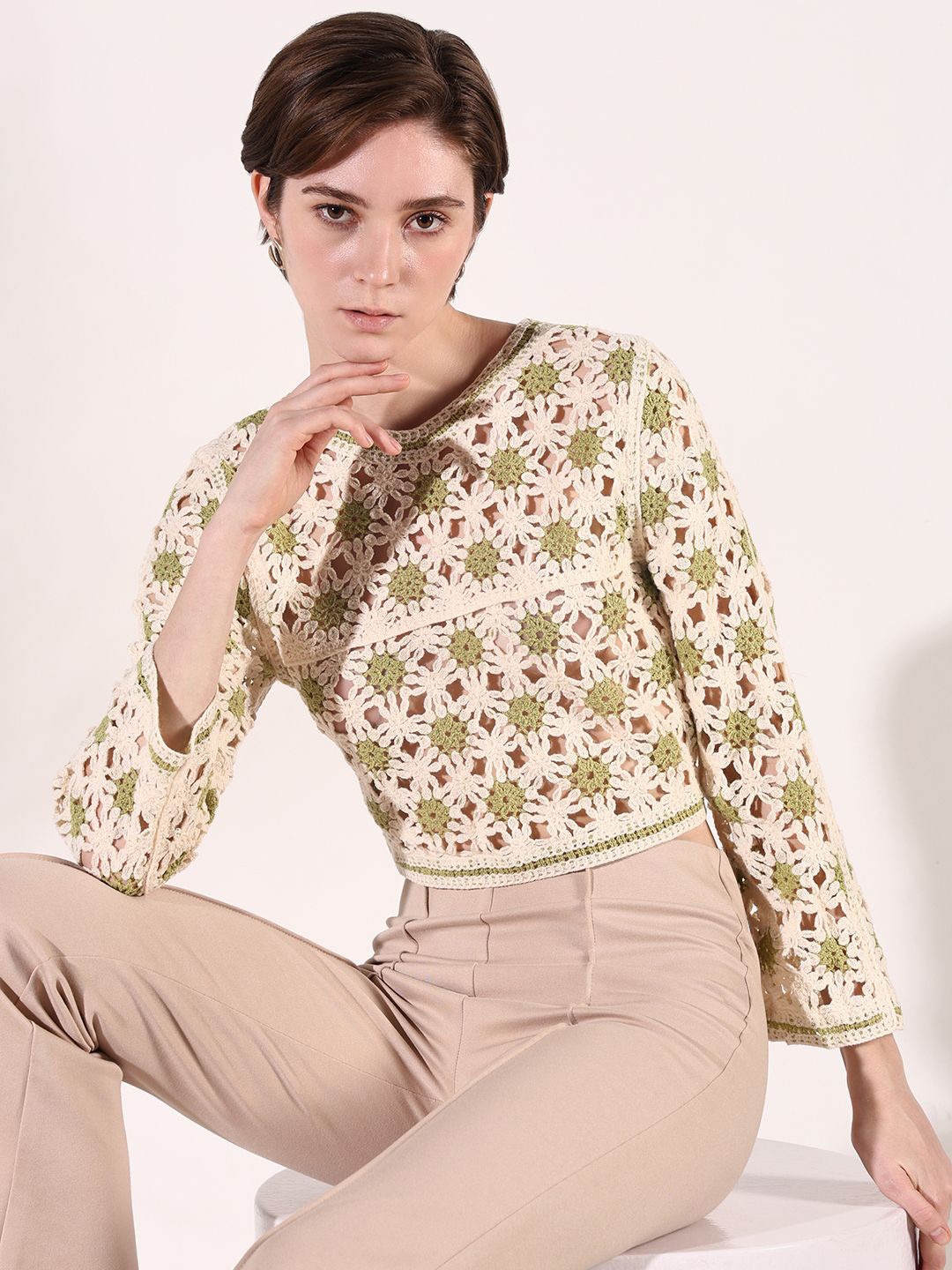 

SHOWOFF Women Floral Self Design Crochet Crop Top, Green