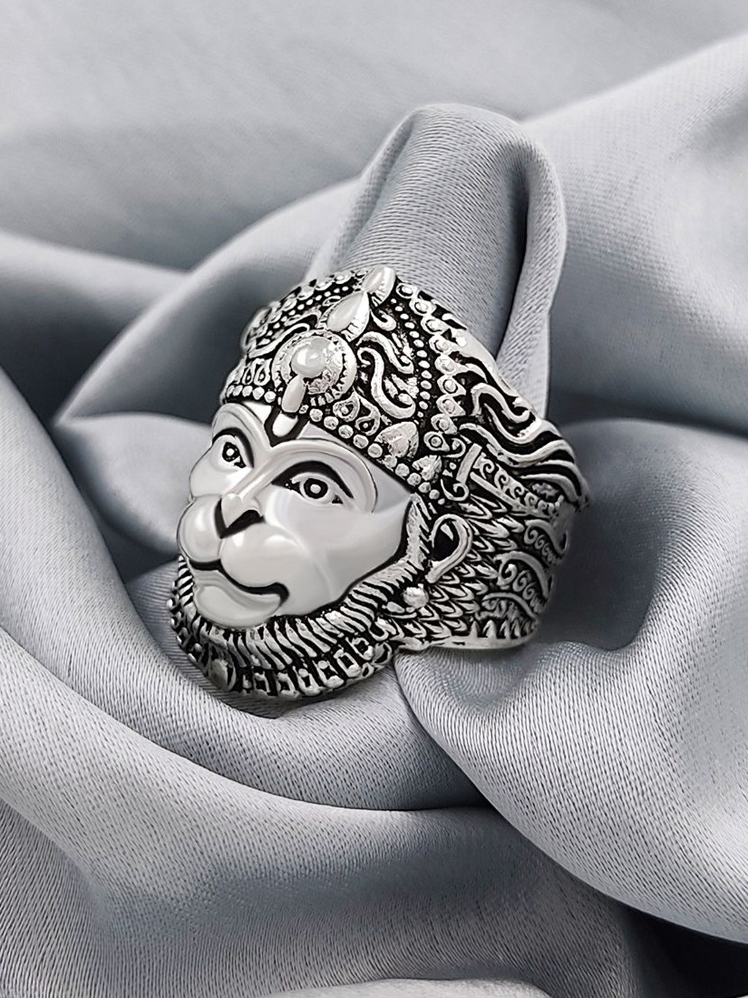 

Saizen Men Silver-Plated Hanuman Face Finger Ring