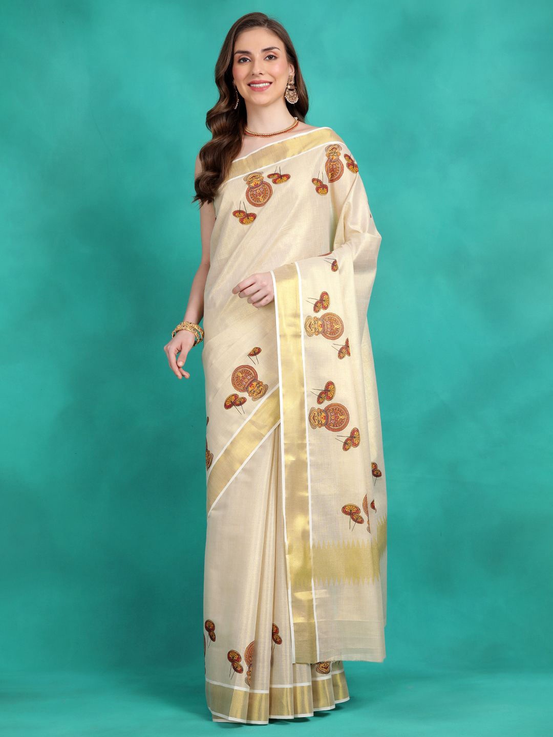 

Sangria Printed Kasavu Saree With Blouse, Gold