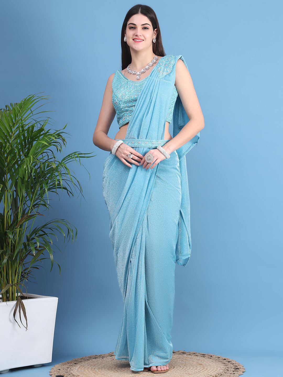 

Grancy Embellished Ready to Wear Leheriya Saree, Blue