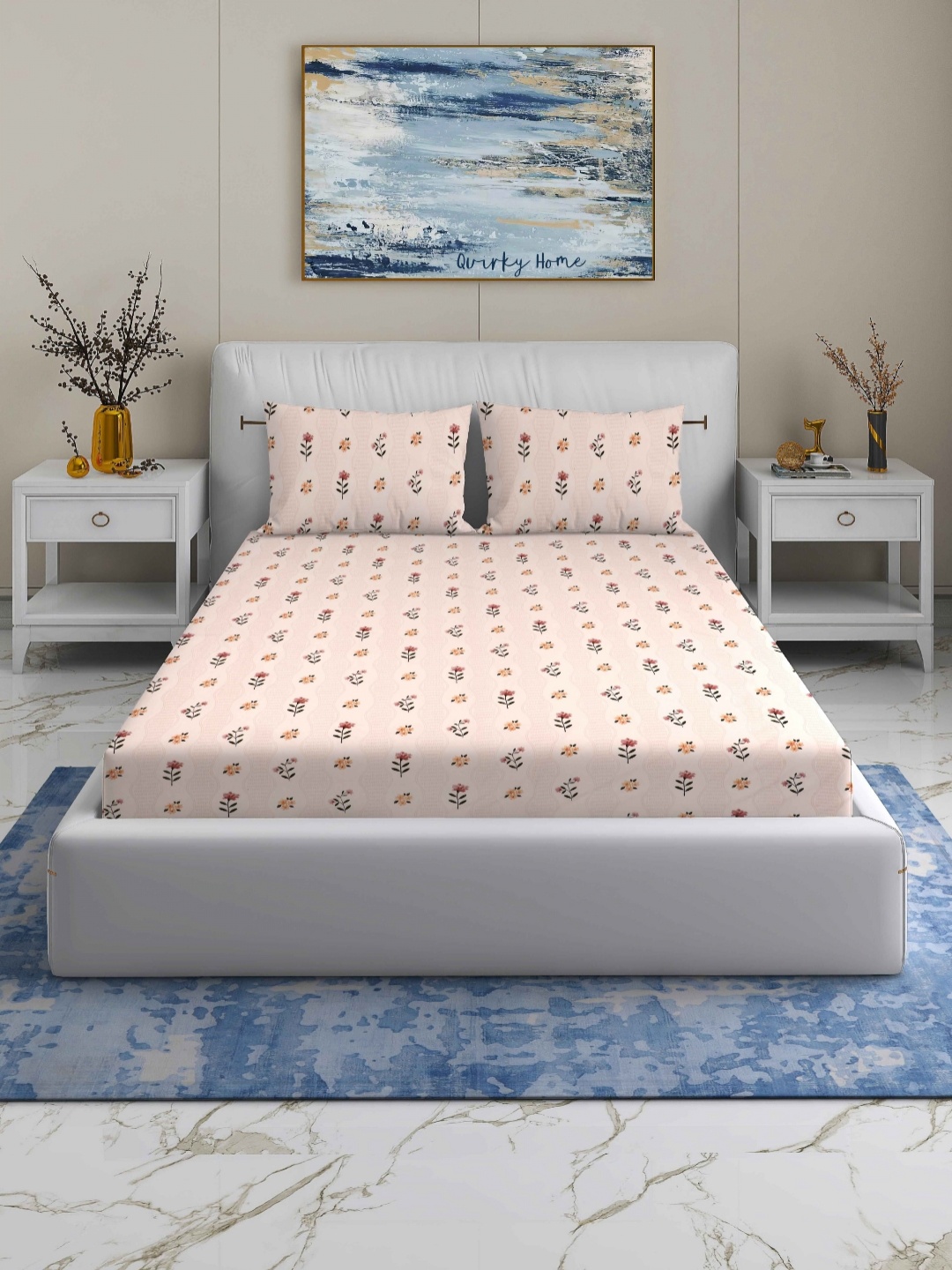 

Quirky Home Beige & Red Floral 180 TC Queen Bedsheet with 2 Pillow Covers