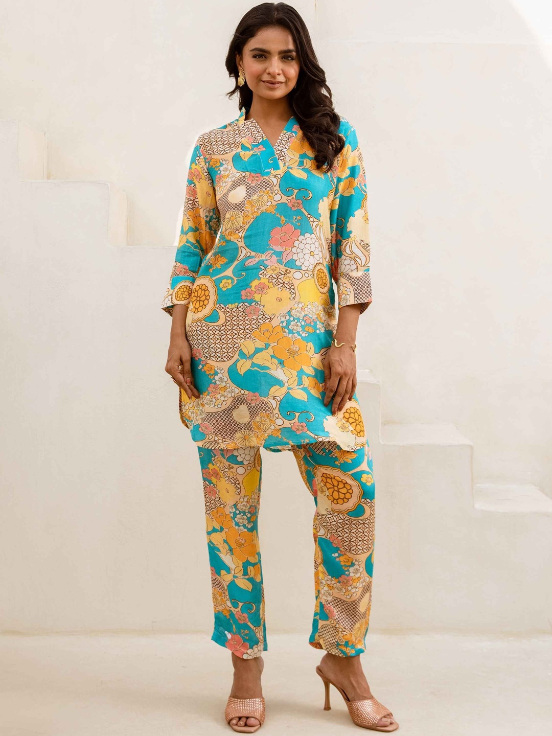 

HUKUM Printed Mandarin Collar Tunic & Trousers Co-Ords, Blue