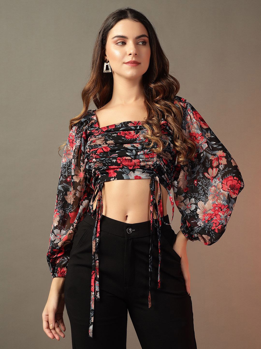 

Trend Arrest Floral Print Puff Sleeve Georgette Crop Top, Black