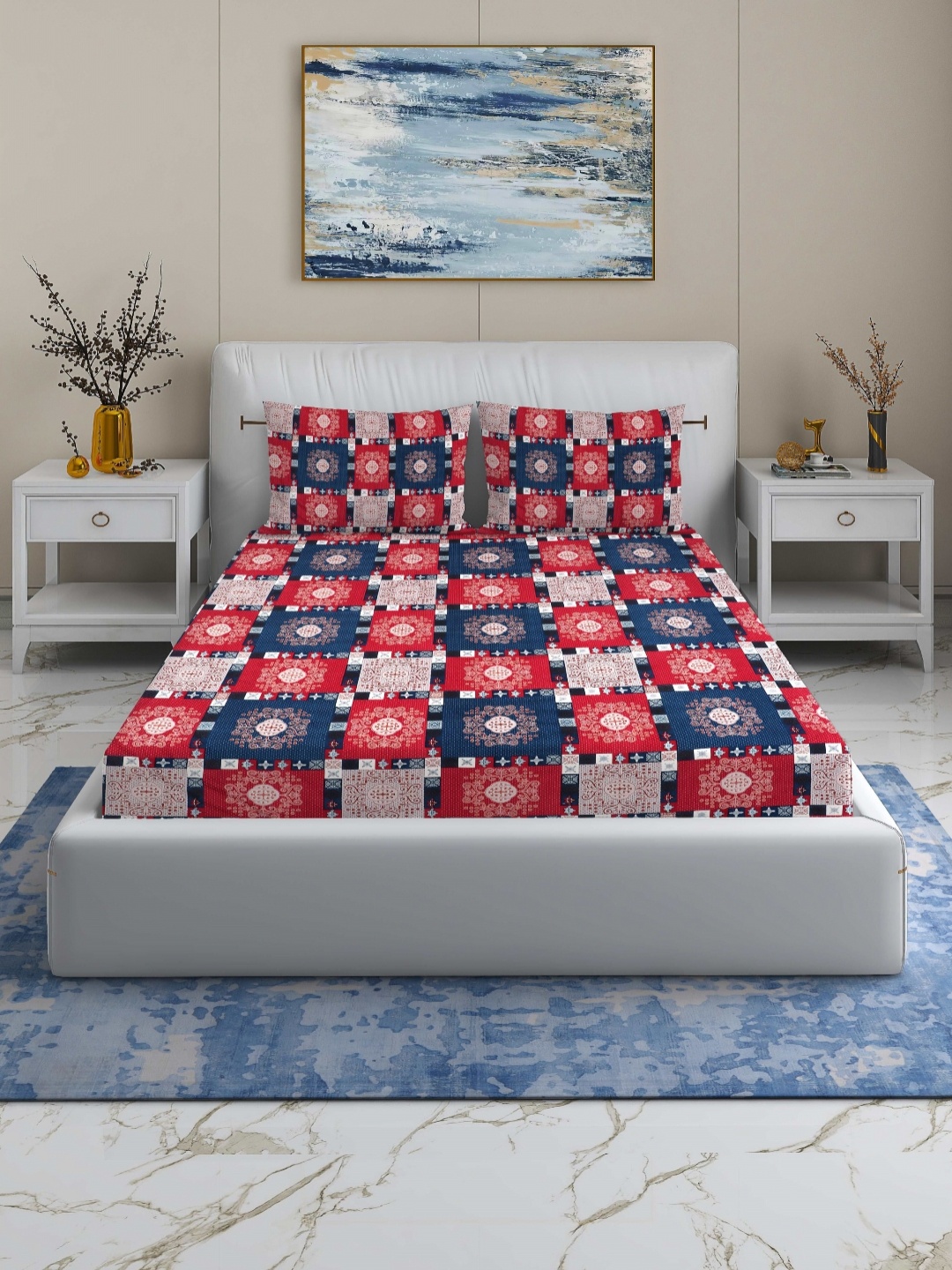

Quirky Home Red & Blue Geometric 180 TC Queen Bedsheet with 2 Pillow Covers