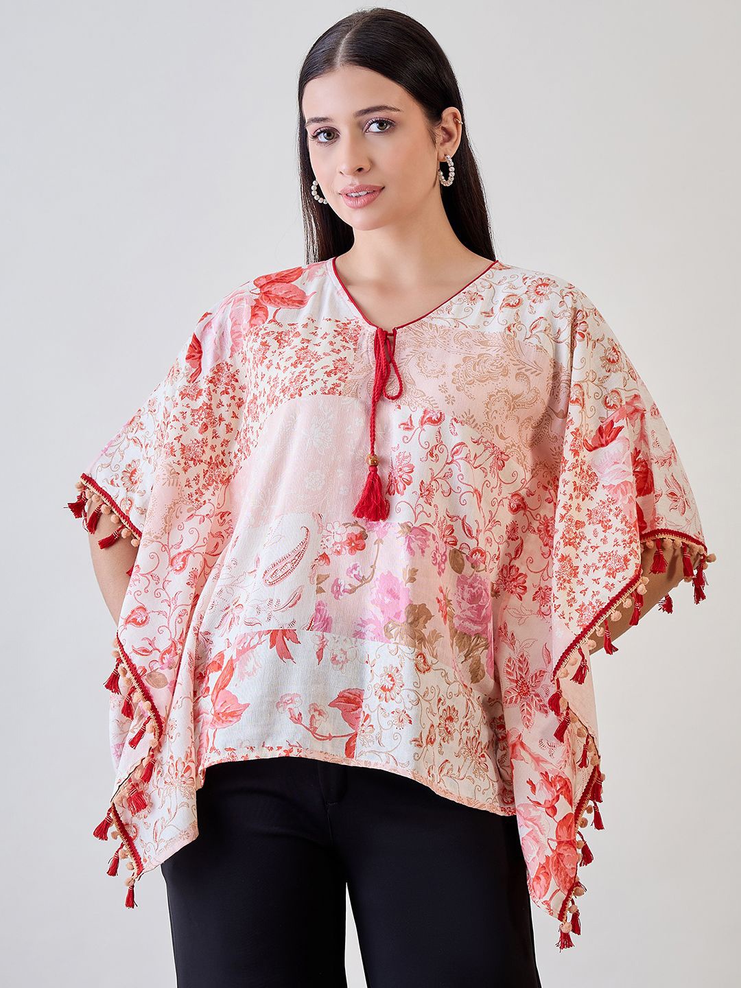 

The Kaftan Company Floral Print Kimono Sleeve Cotton Kaftan Top, Beige