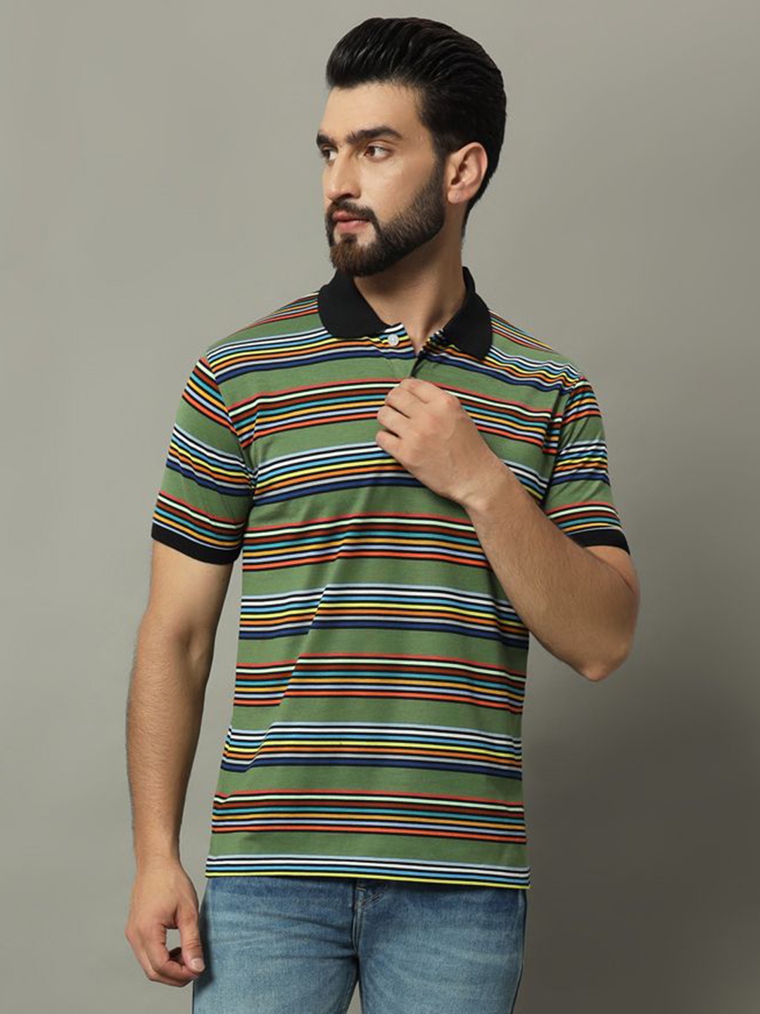 

GET GOLF Men Striped Polo Collar Cotton T-shirt, Green