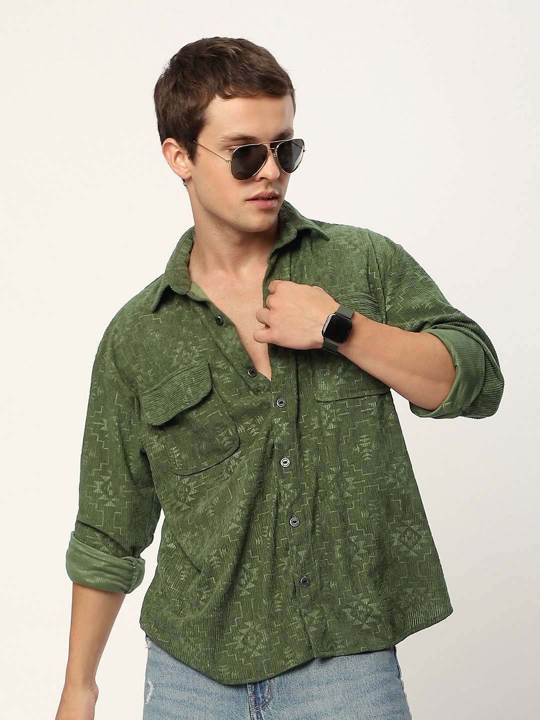 

Beyoung Abstract Structured Corduroy Shirt, Green