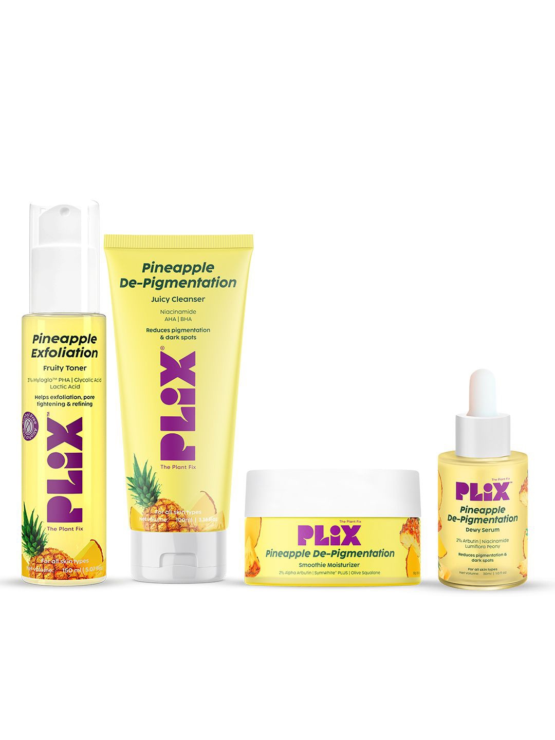 

PLIX THE PLANT FIX 4Pcs Pineapple Depigmentation Regime Cleanser+Serum+Toner+Moisturizer, Yellow