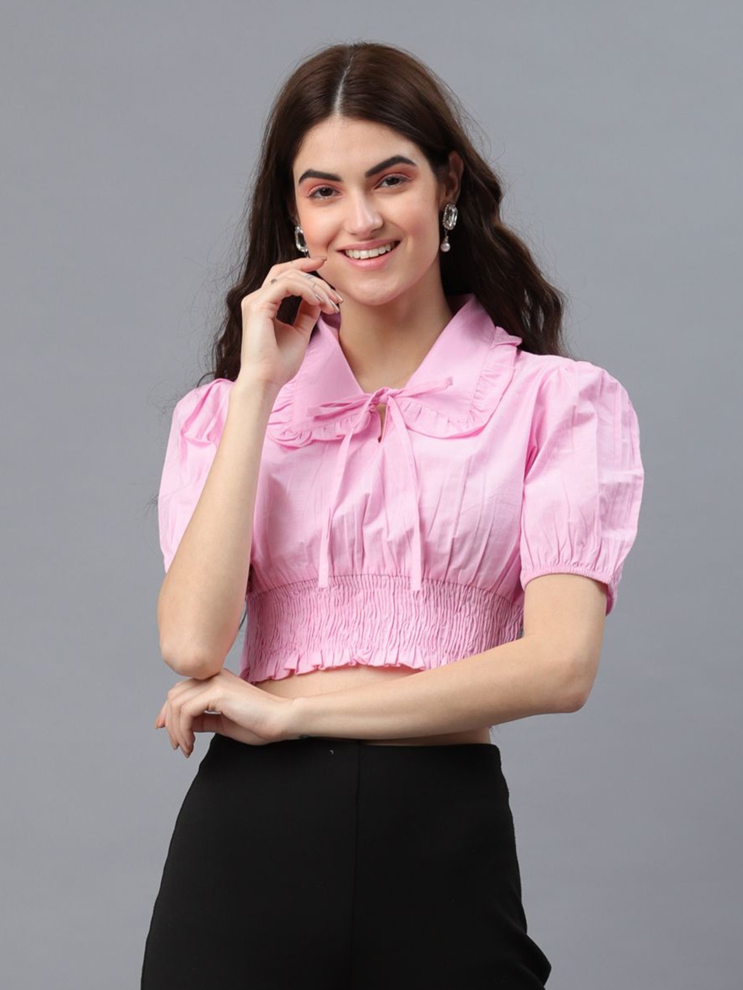 

all about you Puff Sleeve Cotton Shirt Style Crop Top, Pink