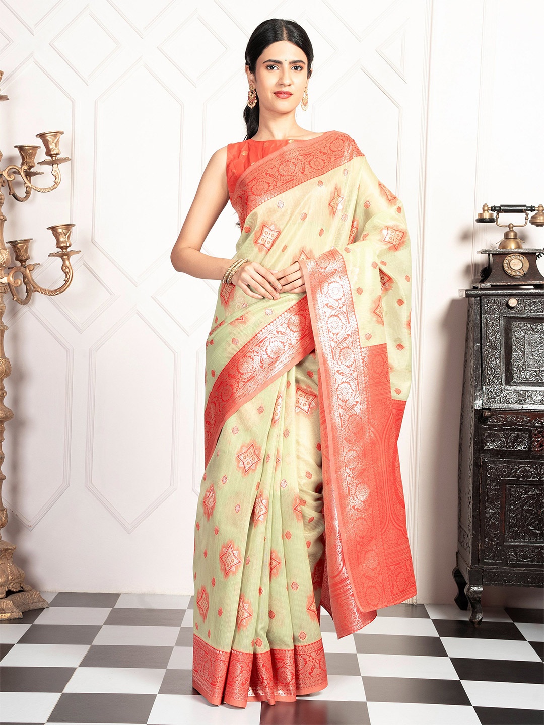 

MIMOSA Woven Design Zari Kanjeevaram Saree, Green
