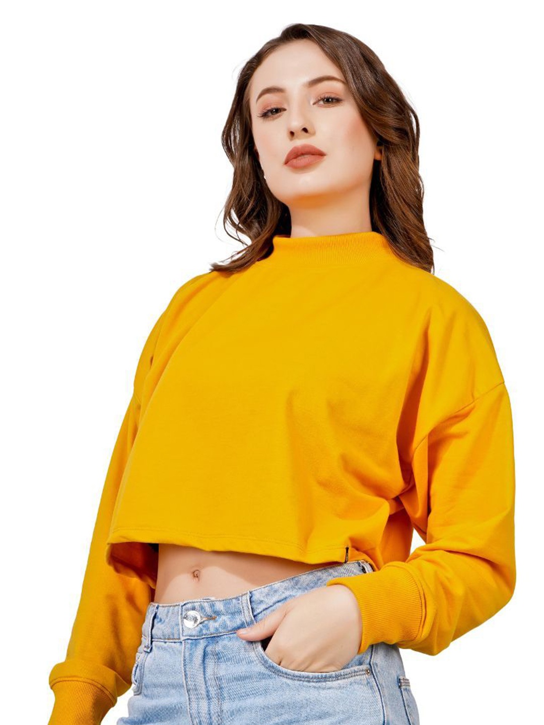 

BLUEFICUS Women Cotton High Neck Crop Sweatshirt, Mustard