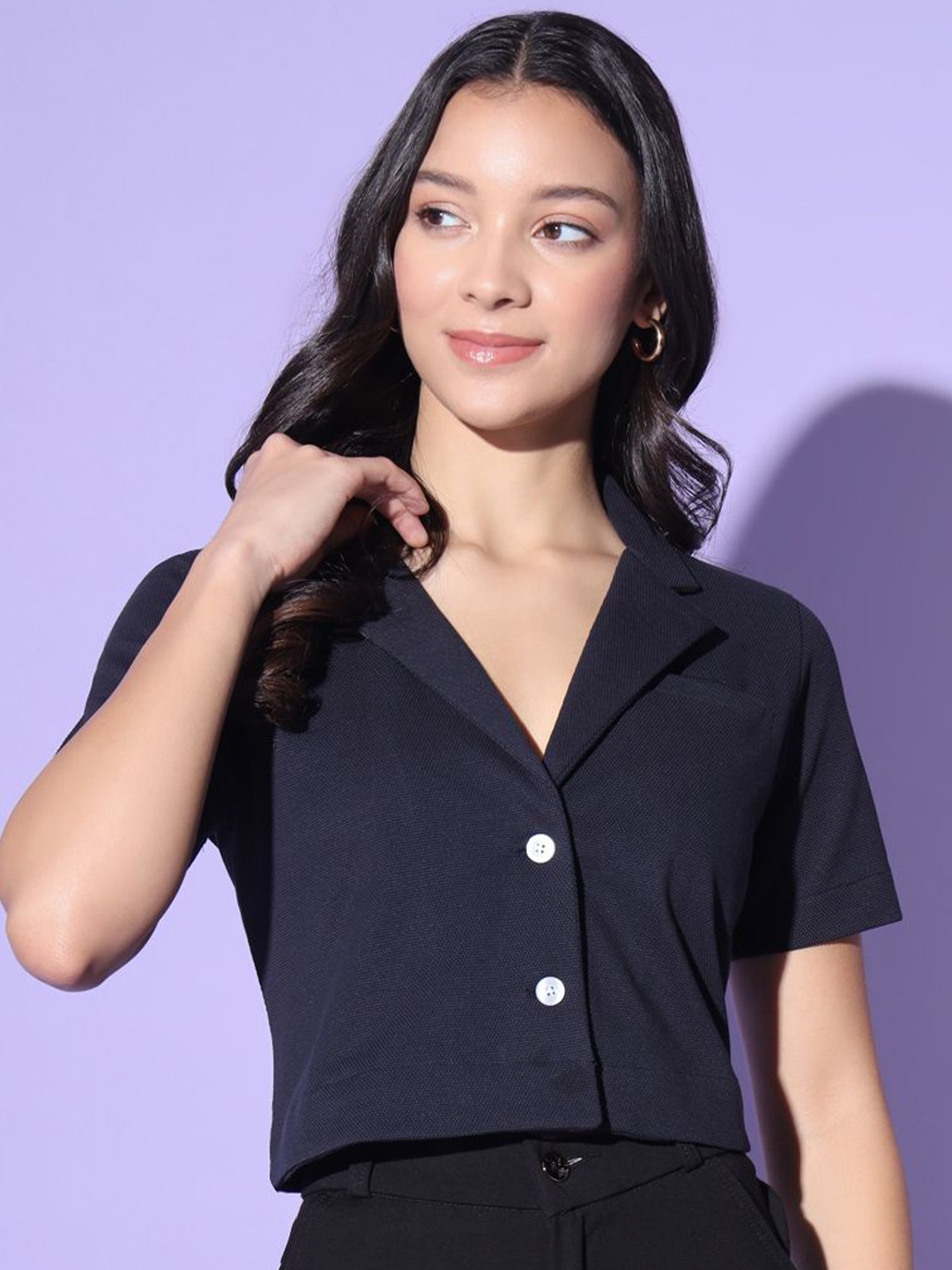 

BAESD Shirt Style Crop Top, Navy blue