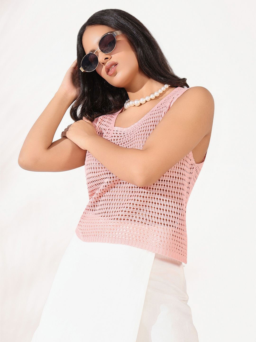 

SHOWOFF Women Polka Dots Self Design Crochet Top, Pink