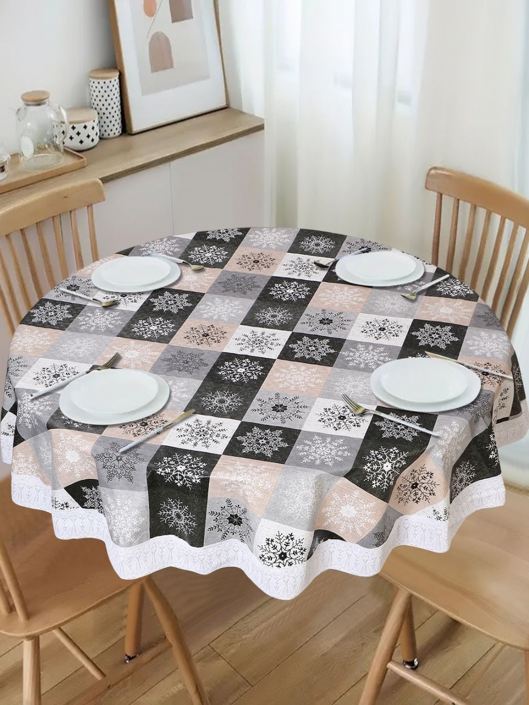 

Dakshya Industries Grey Floral Waterproof Plastic Round 6-Seater Table Cover