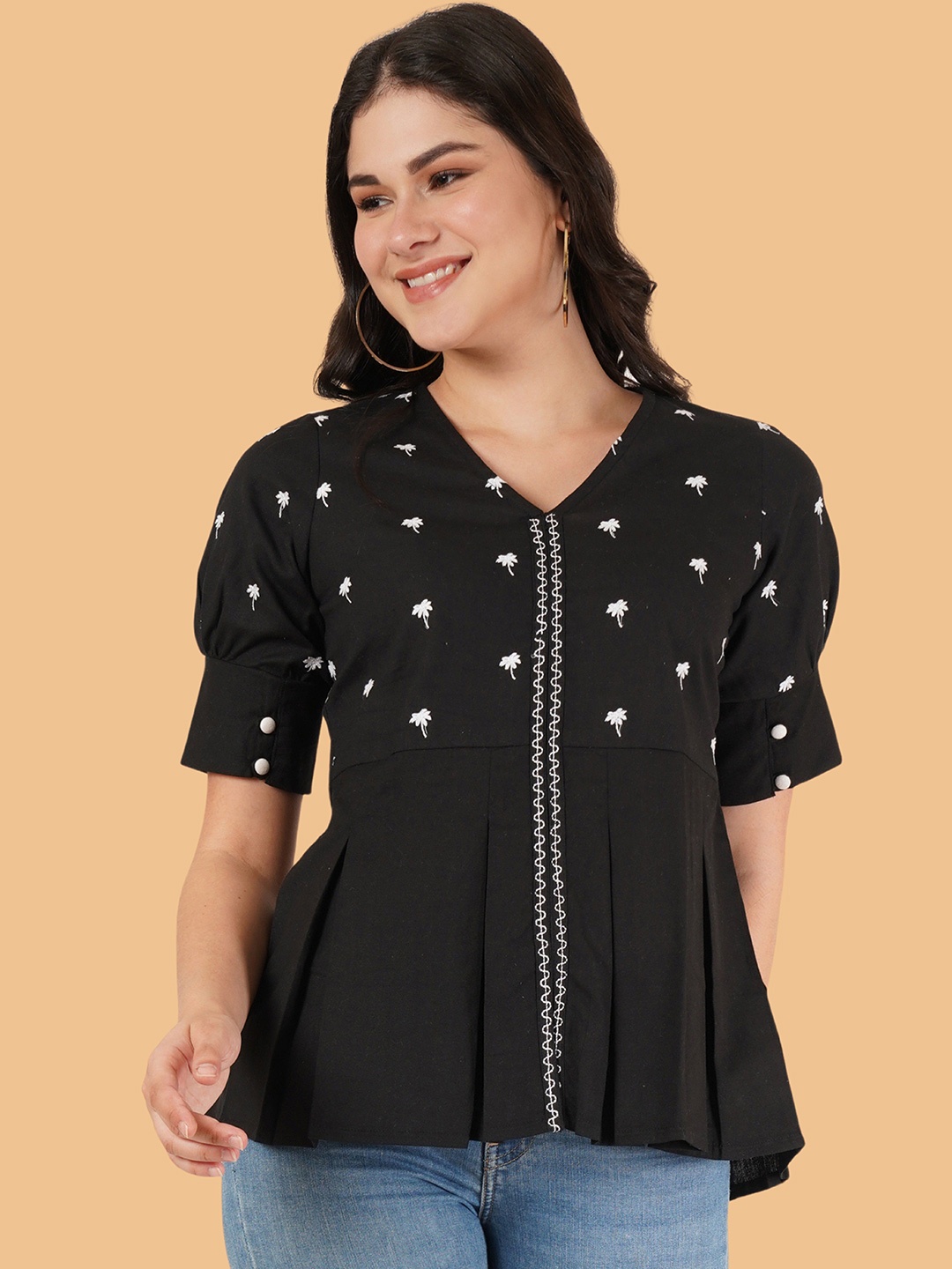 

Brownverse Embellished Embroidered Cotton Top, Black