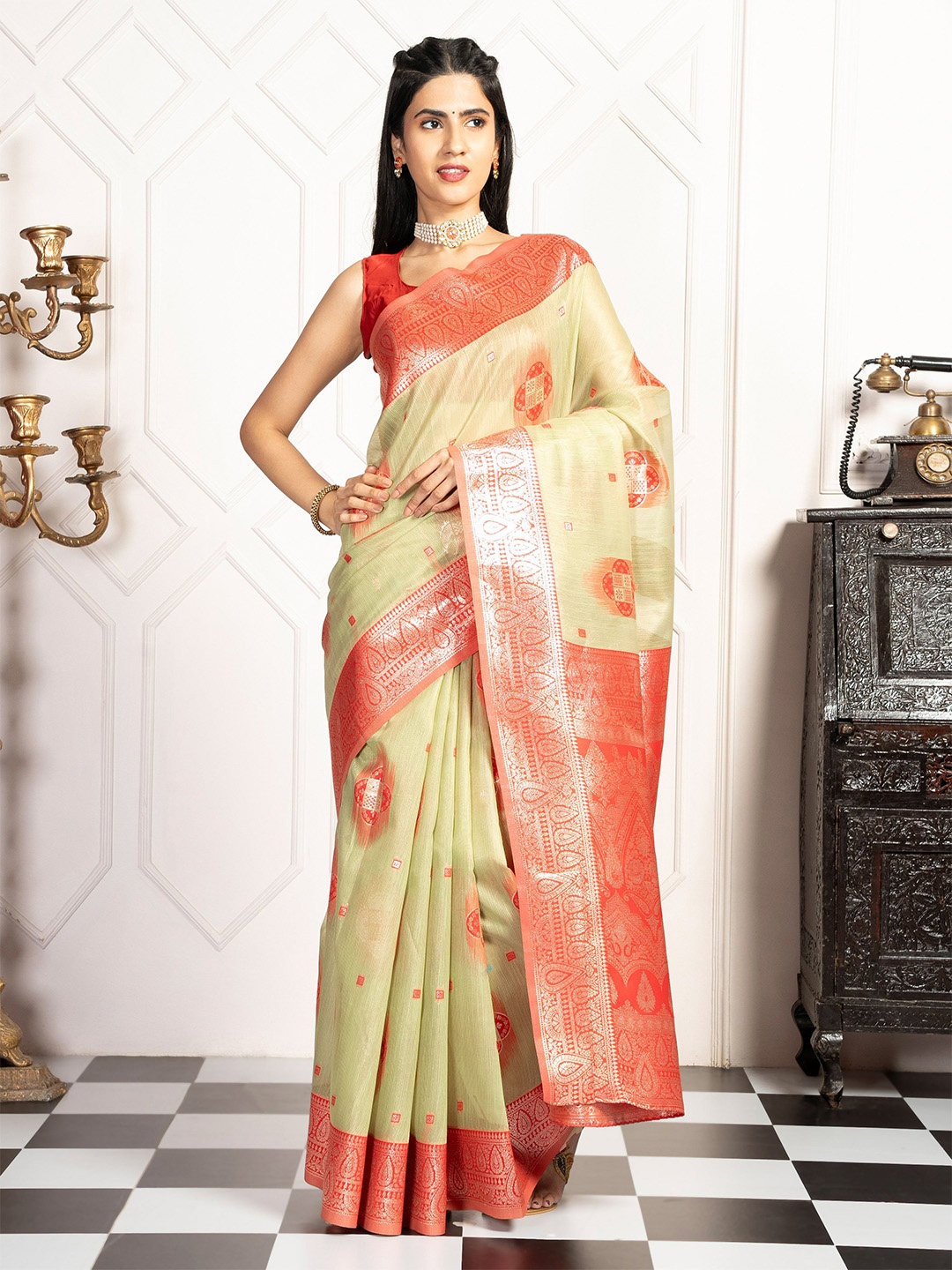 

MIMOSA Floral Woven Design Zari Kanjeevaram Saree, Green