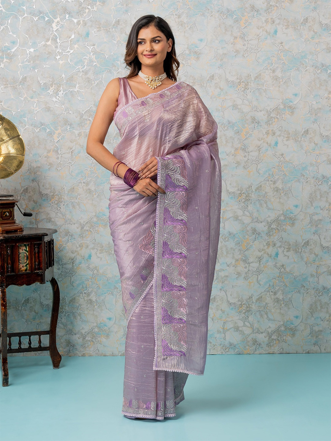 

MIMOSA Floral Embroidered Banarasi Saree, Lavender