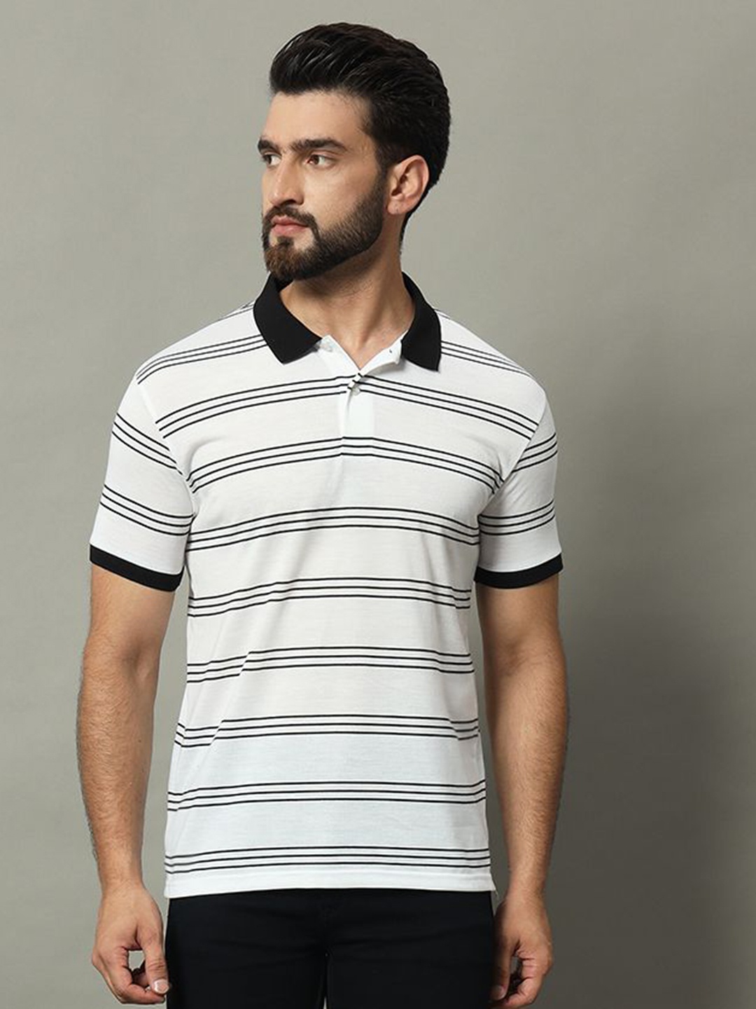 

GET GOLF Men Striped Polo Collar Cotton T-shirt, White