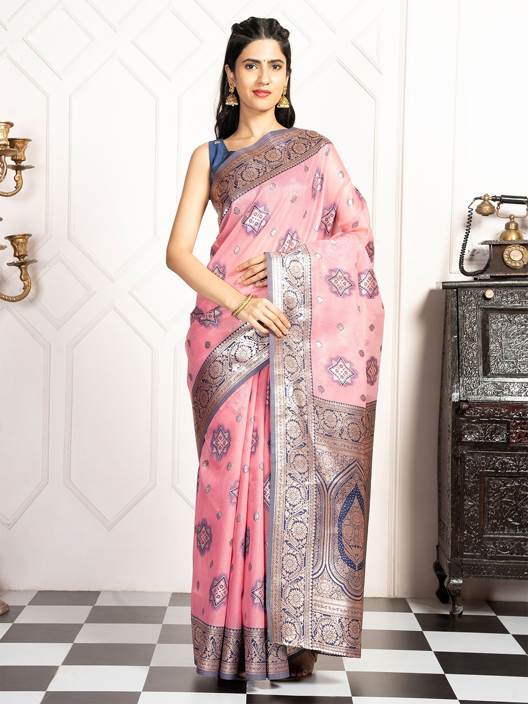 

MIMOSA Woven Design Zari Kanjeevaram Saree, Pink