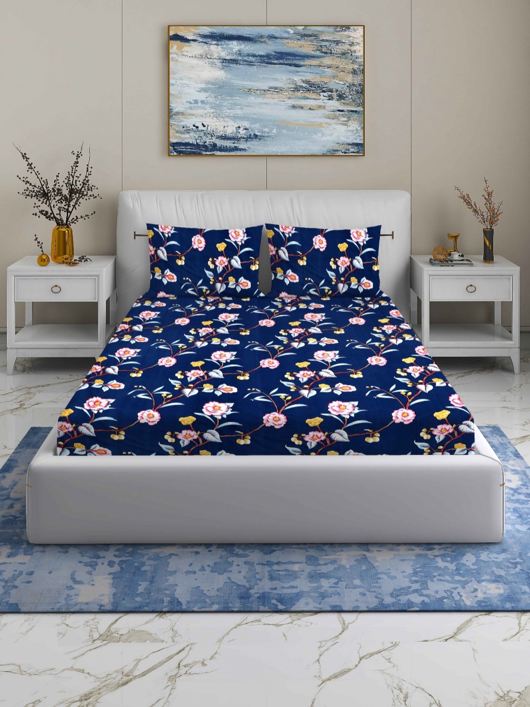 

Quirky Home Navy Blue & White Floral 180 TC Queen Bedsheet with 2 Pillow Covers