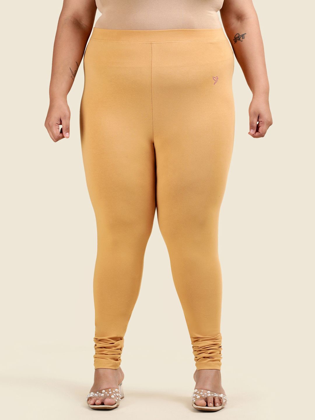 

TWIN BIRDS Plus Size Women Solid Super Stretch Cotton Churidar Length Leggings, Beige