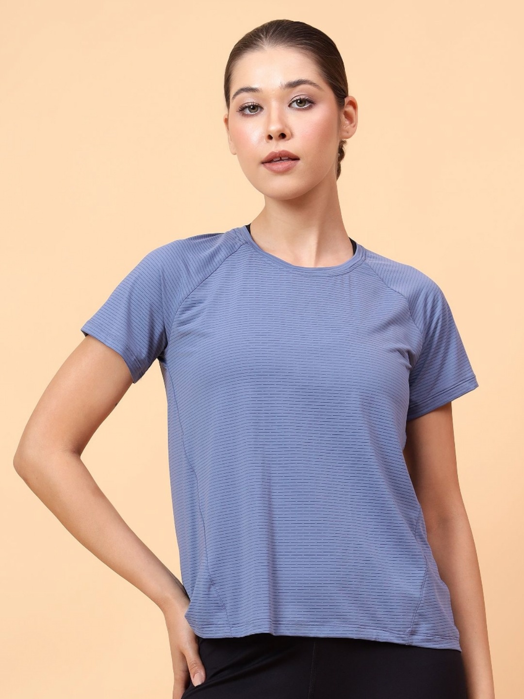 

Fitkin Women Self Stripe Round Neck T-shirt, Blue