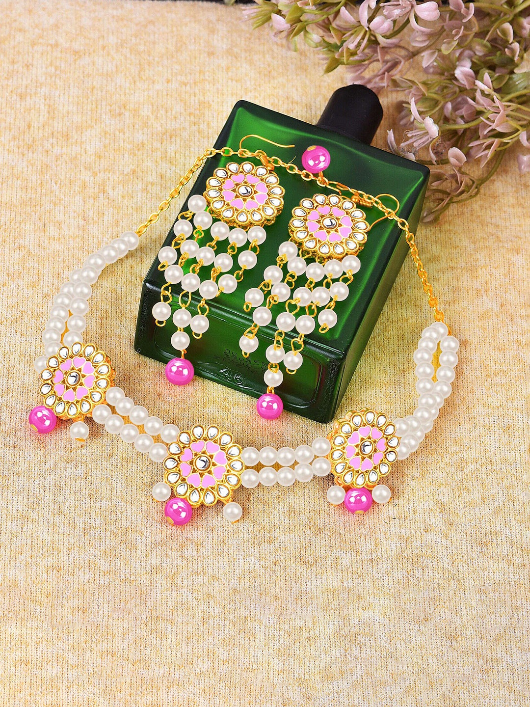 

Mikado Kundan-Studded & Pearls Beaded Jewellery Set, Pink