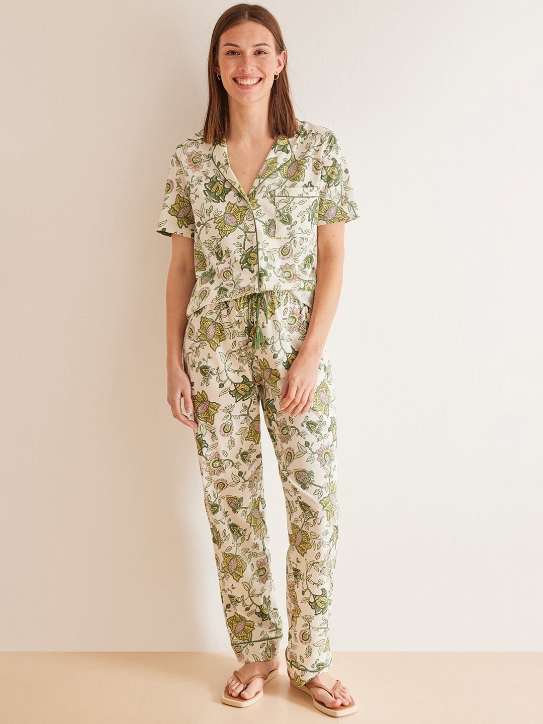 

women'secret Floral Printed Pure Cotton Night Suit, Green