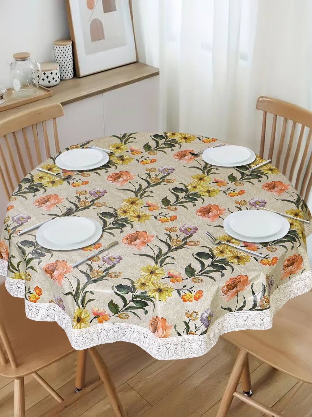 

Dakshya Industries Beige Geometric Printed Waterproof Plastic Round 6-Seater Table Cover