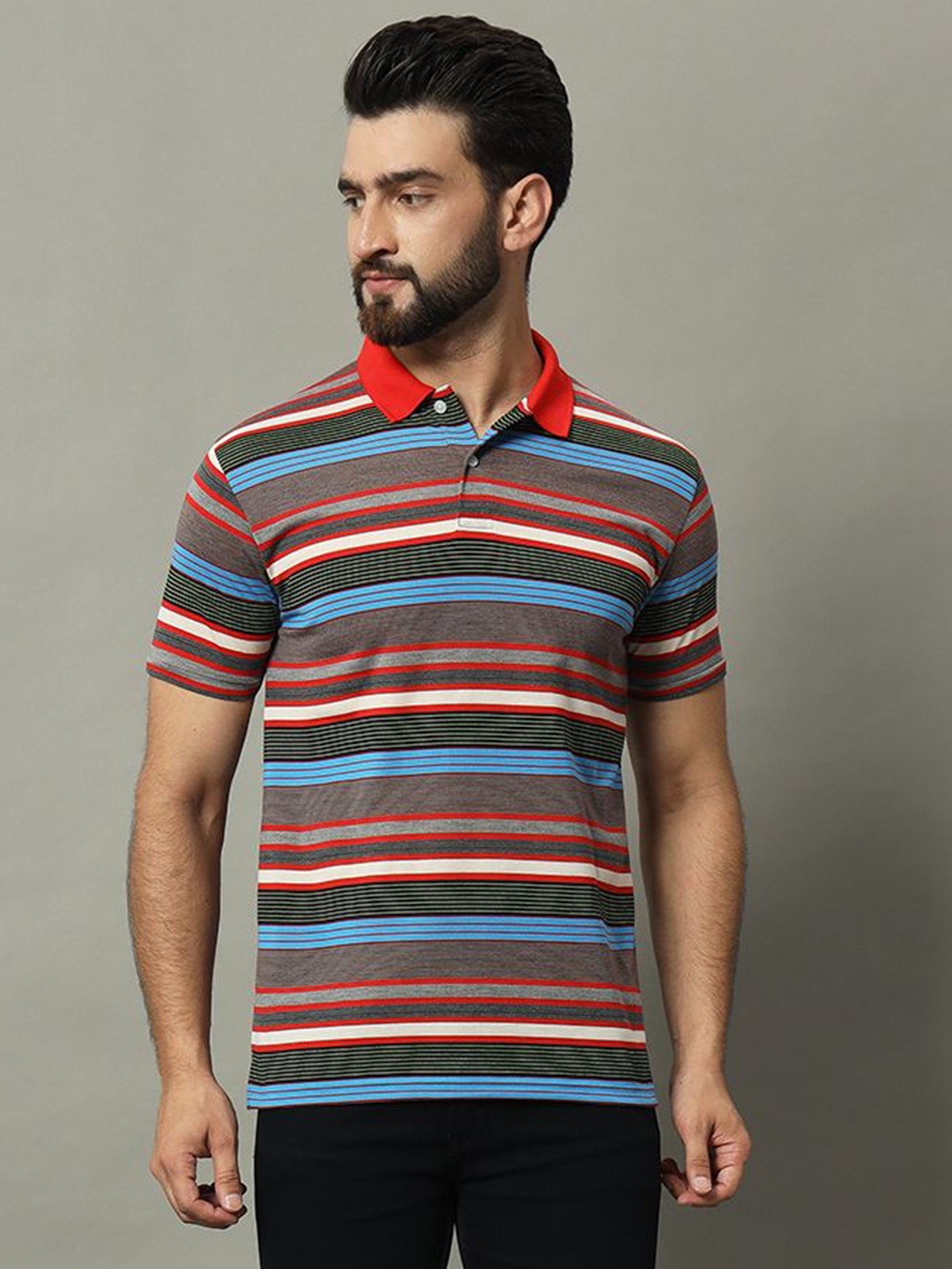 

GET GOLF Men Striped Polo Collar Cotton T-shirt, Brown