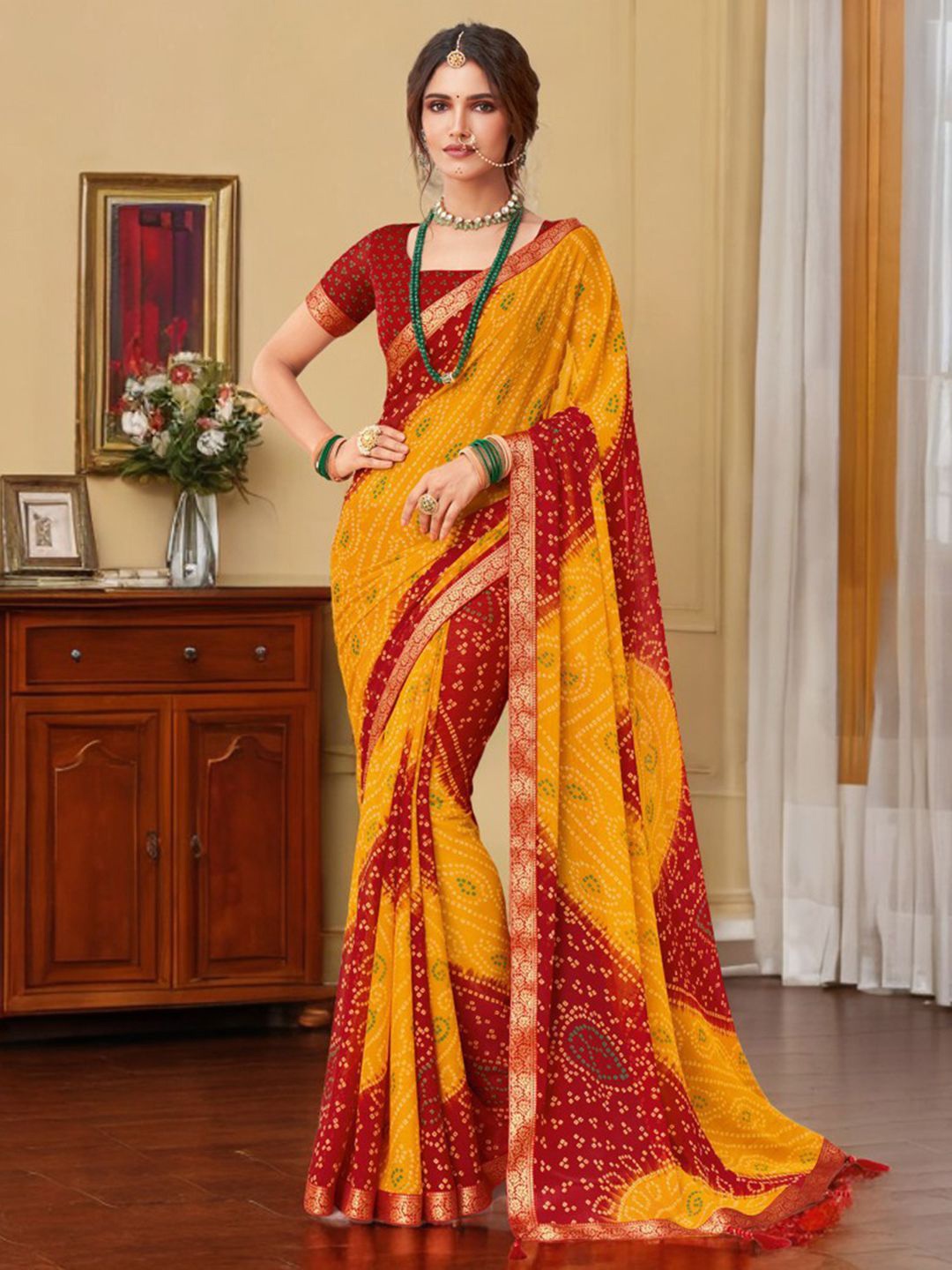 

KALINI Bandhani Pure Chiffon Bandhani Saree, Yellow