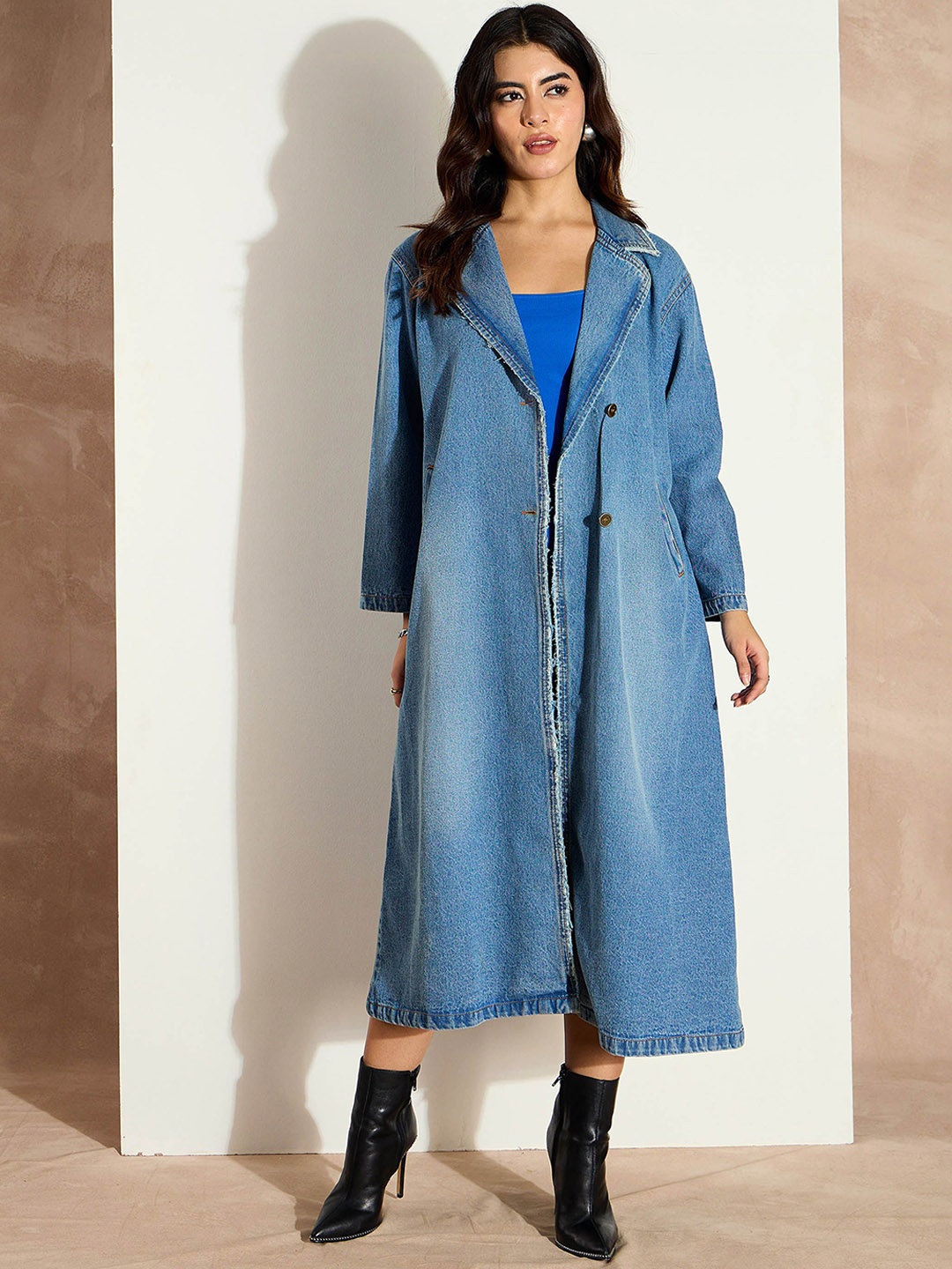 

SASSAFRAS Denim Notched Lapel Single-Breasted Over Coat, Blue