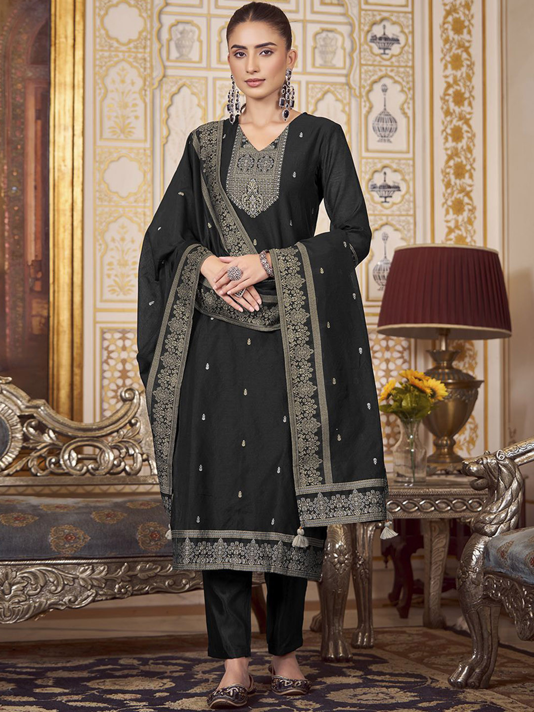 

KALINI Women Woven Straight Silk Blend Kurta with Trousers & With Dupatta, Black