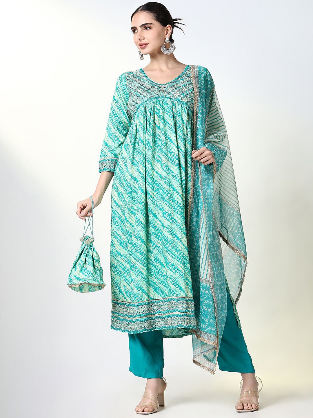 

SHOWOFF Women Ethnic Motifs Dyed Pleated Thread Work Kurta with Trousers & With Dupatta, Green