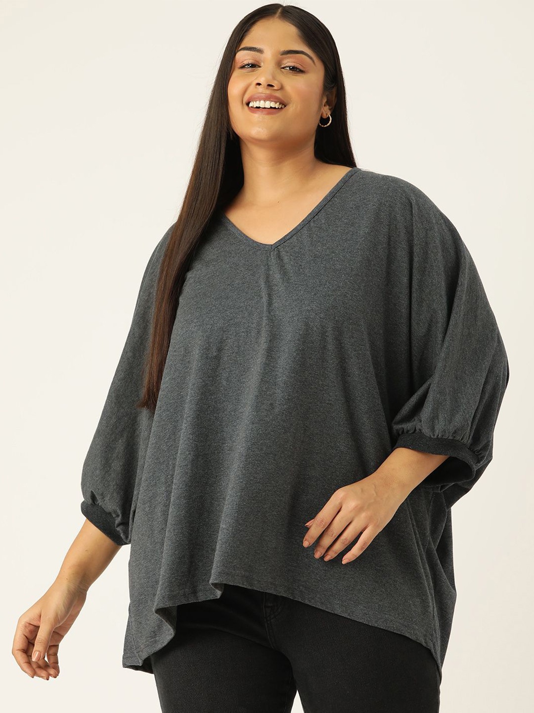 

theRebelinme Puff Sleeve Cotton Longline Top, Charcoal