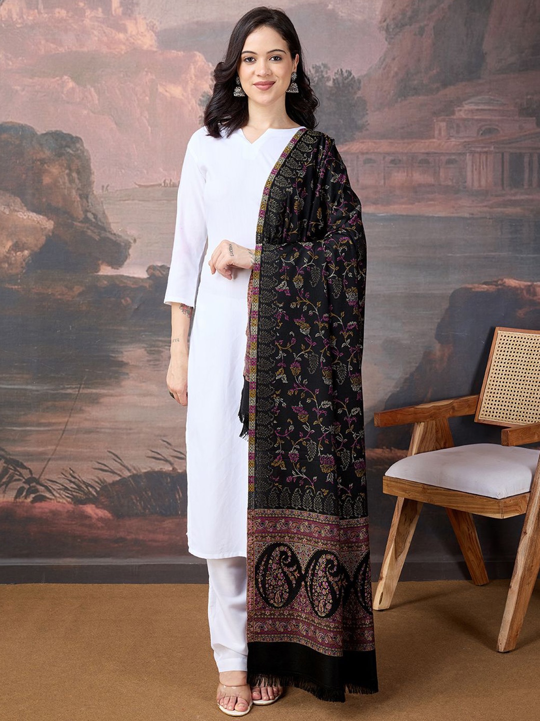

House of Pataudi Women Ethnic Woven Design Shawl, Black