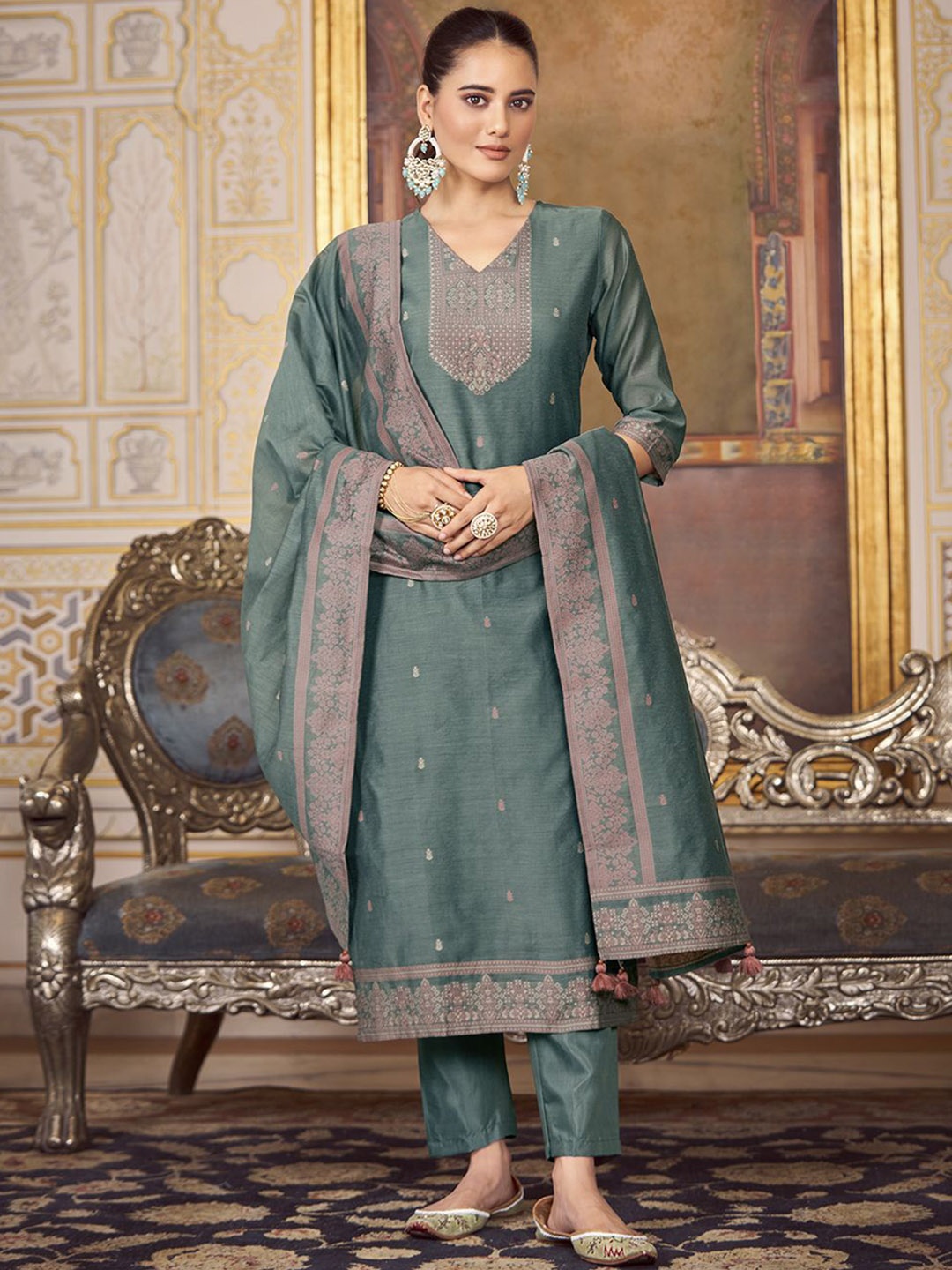 

KALINI Women Woven Straight Silk Blend Kurta with Trousers & With Dupatta, Teal