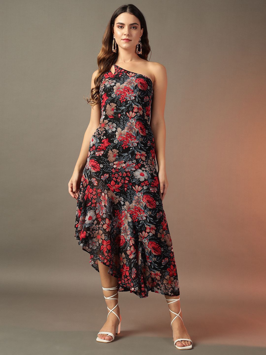 

Trend Arrest Floral Print One Shoulder Georgette A-Line Maxi Dress, Black