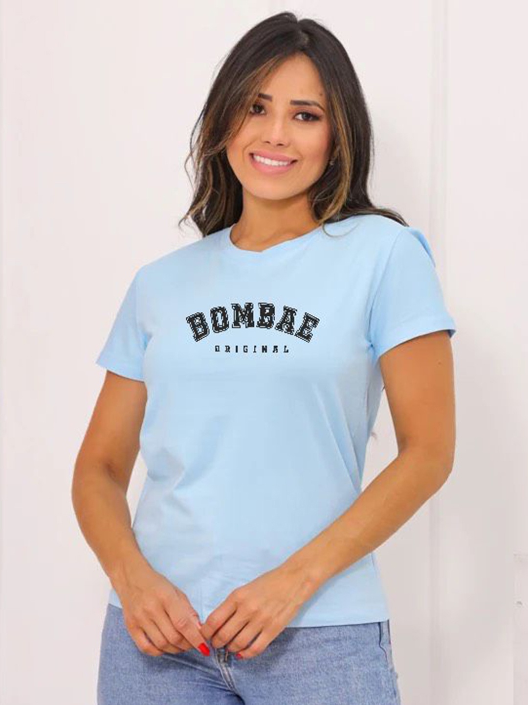 

BOMBAE TEES Women Checked Henley Neck Drop-Shoulder Sleeves Bio Finish T-shirt, Blue