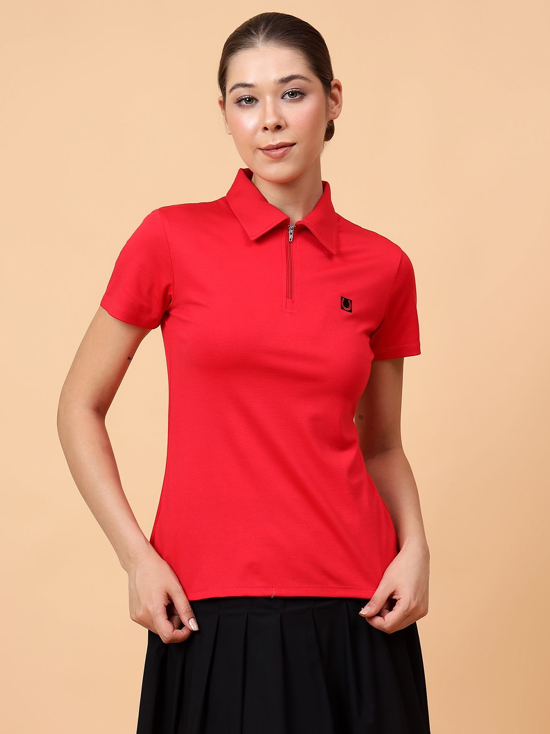 

Fitkin Women Red Front Zipper Polo T-shirt