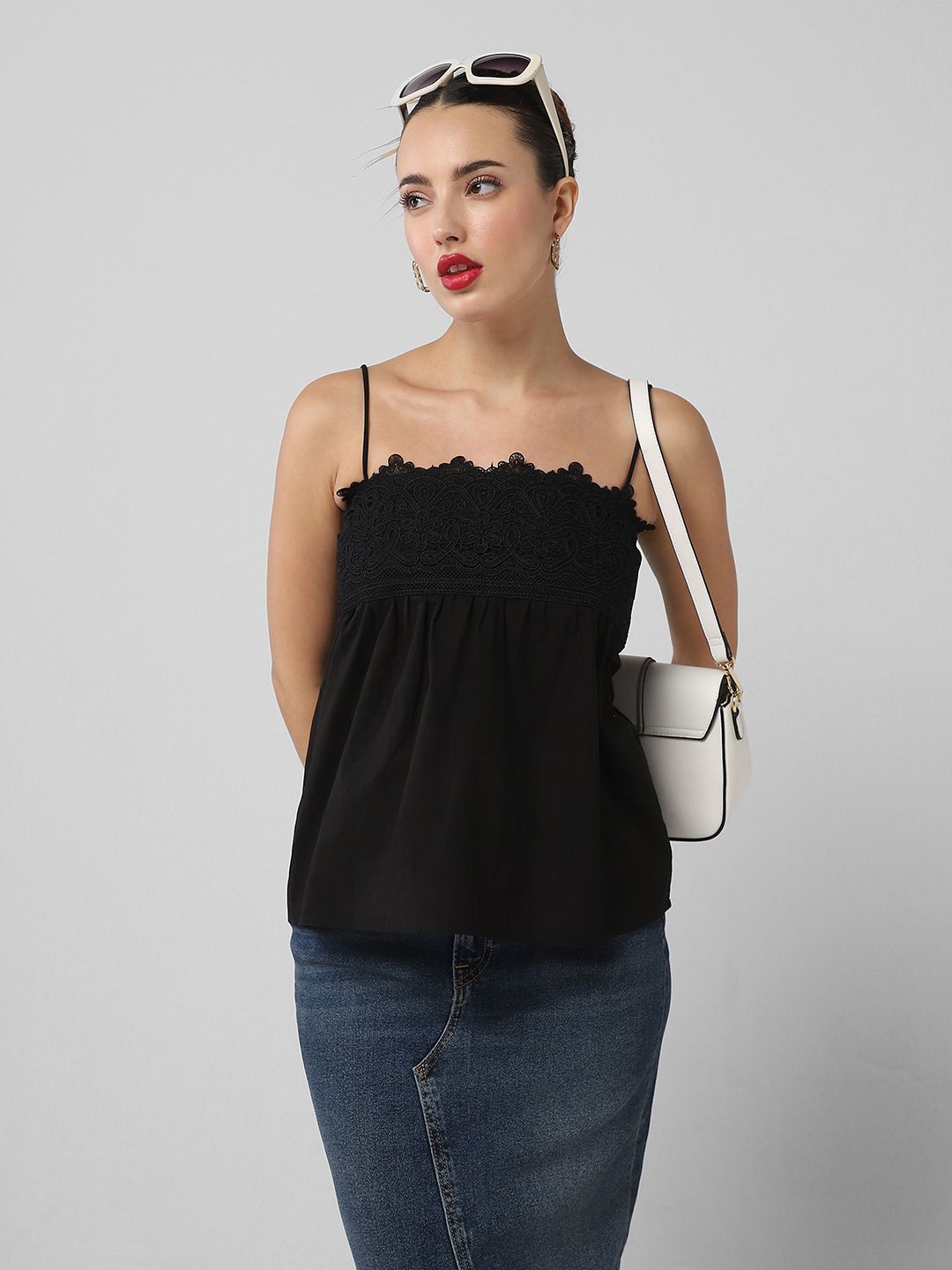 

SHOWOFF Women Shoulder Straps Lace Inserts Top, Black