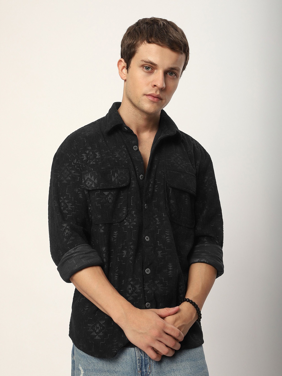 

Beyoung Abstract Structured Corduroy Shirt, Black